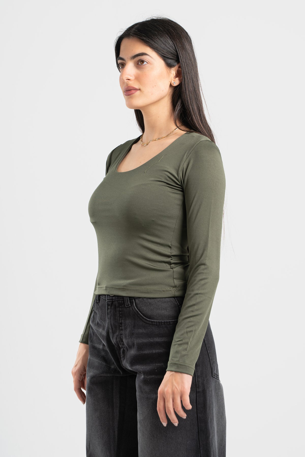 FOREST GREEN LONG SLEEVES WIDE NECK TOP