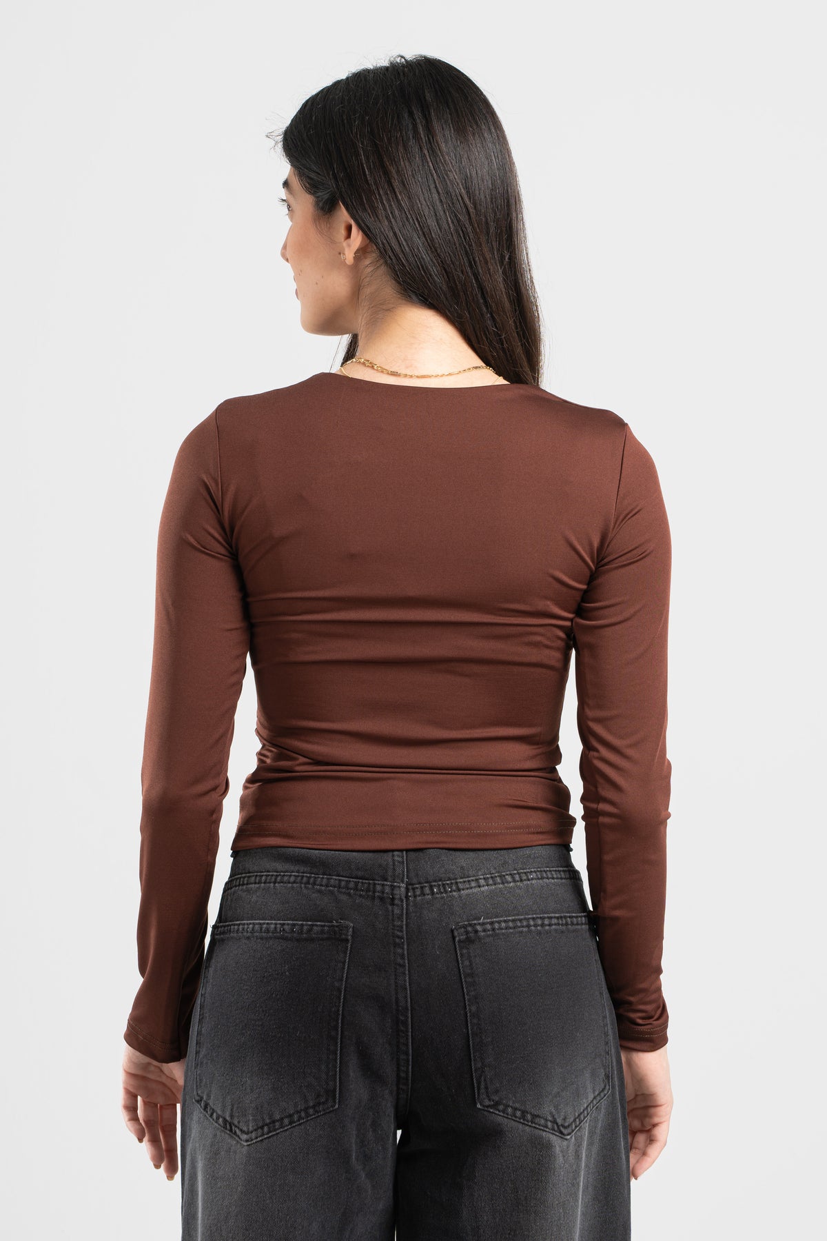 DARK BROWN LONG SLEEVES WIDE NECK TOP
