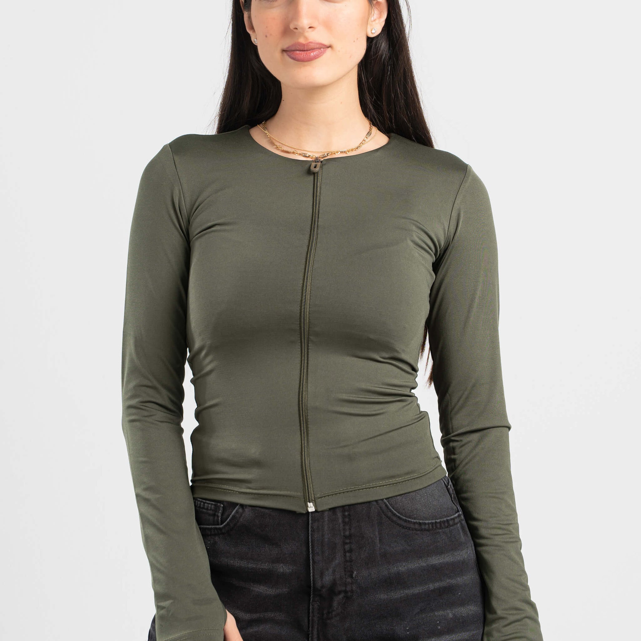FOREST GREEN FULL-ZIPPER TOP