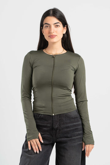FOREST GREEN FULL-ZIPPER TOP