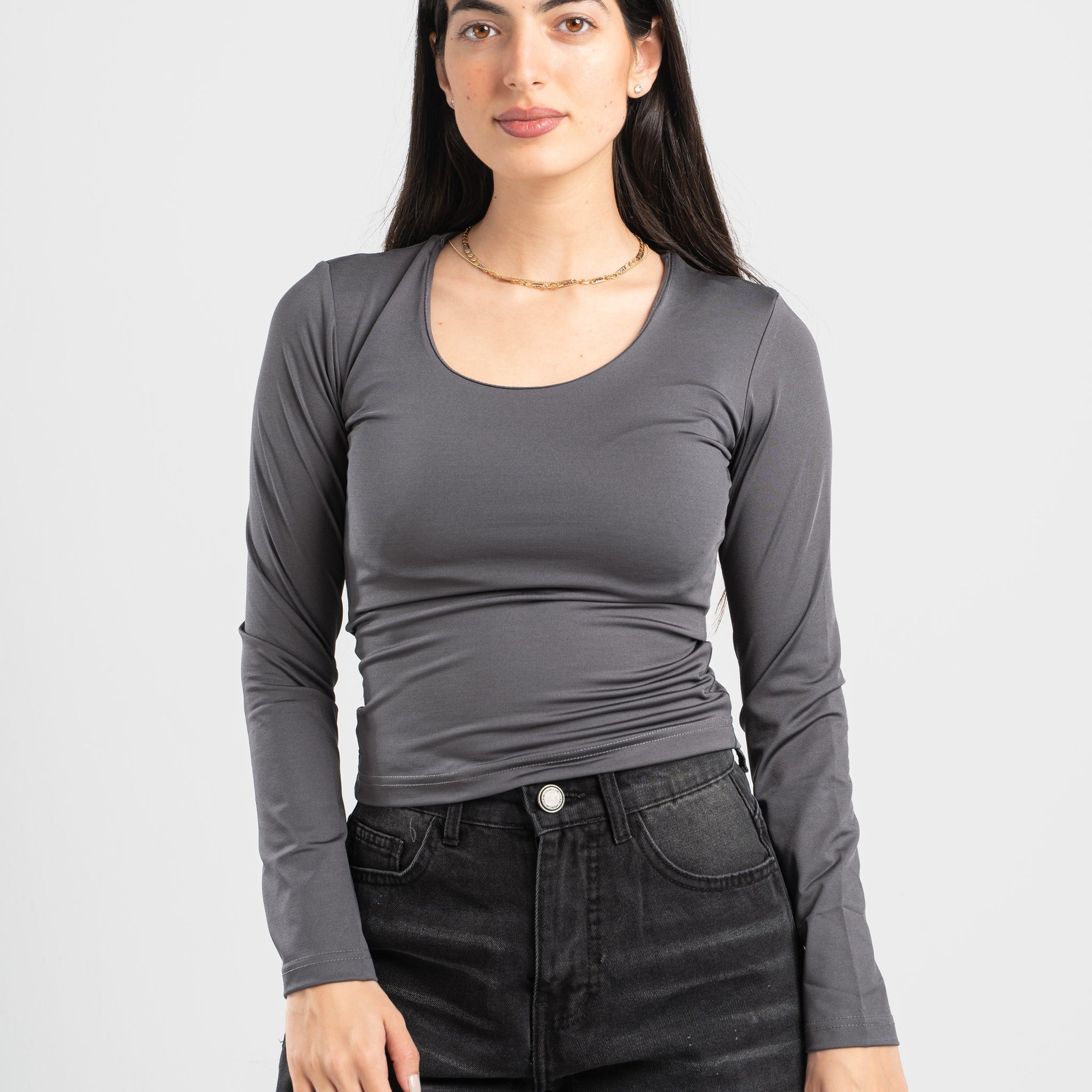 DARK GREY LONG SLEEVES WIDE NECK TOP