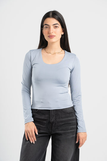 LIGHT GREY LONG SLEEVES WIDE NECK TOP