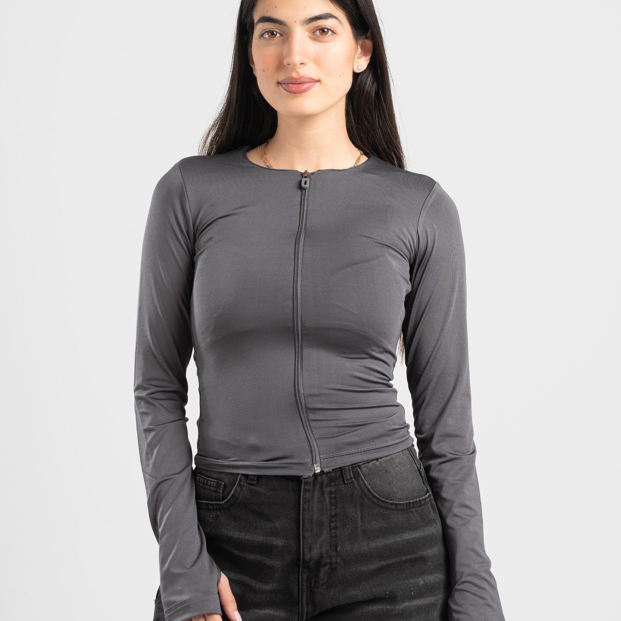 DARK GREY FULL-ZIPPER TOP
