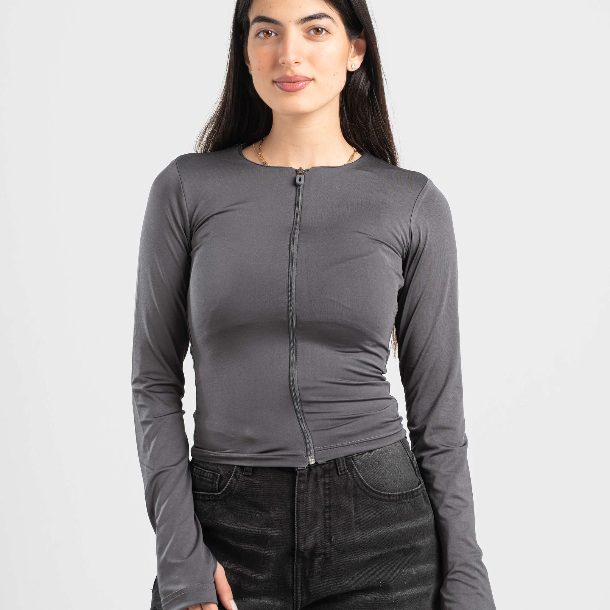 DARK GREY FULL-ZIPPER TOP