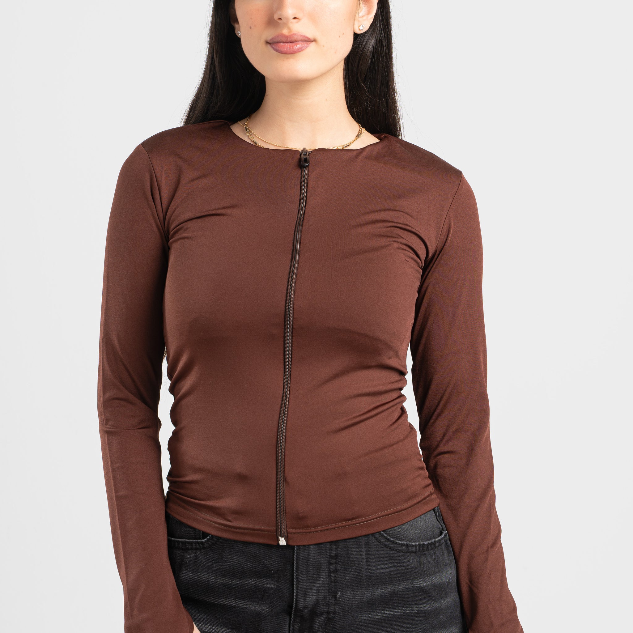DARK BROWN FULL-ZIPPER TOP