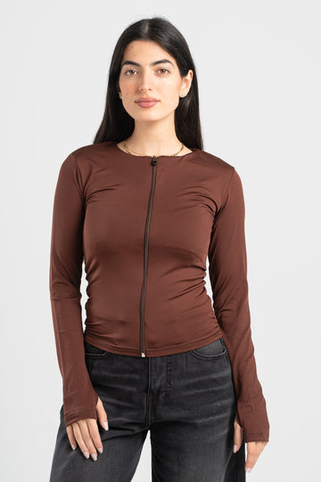 DARK BROWN FULL-ZIPPER TOP