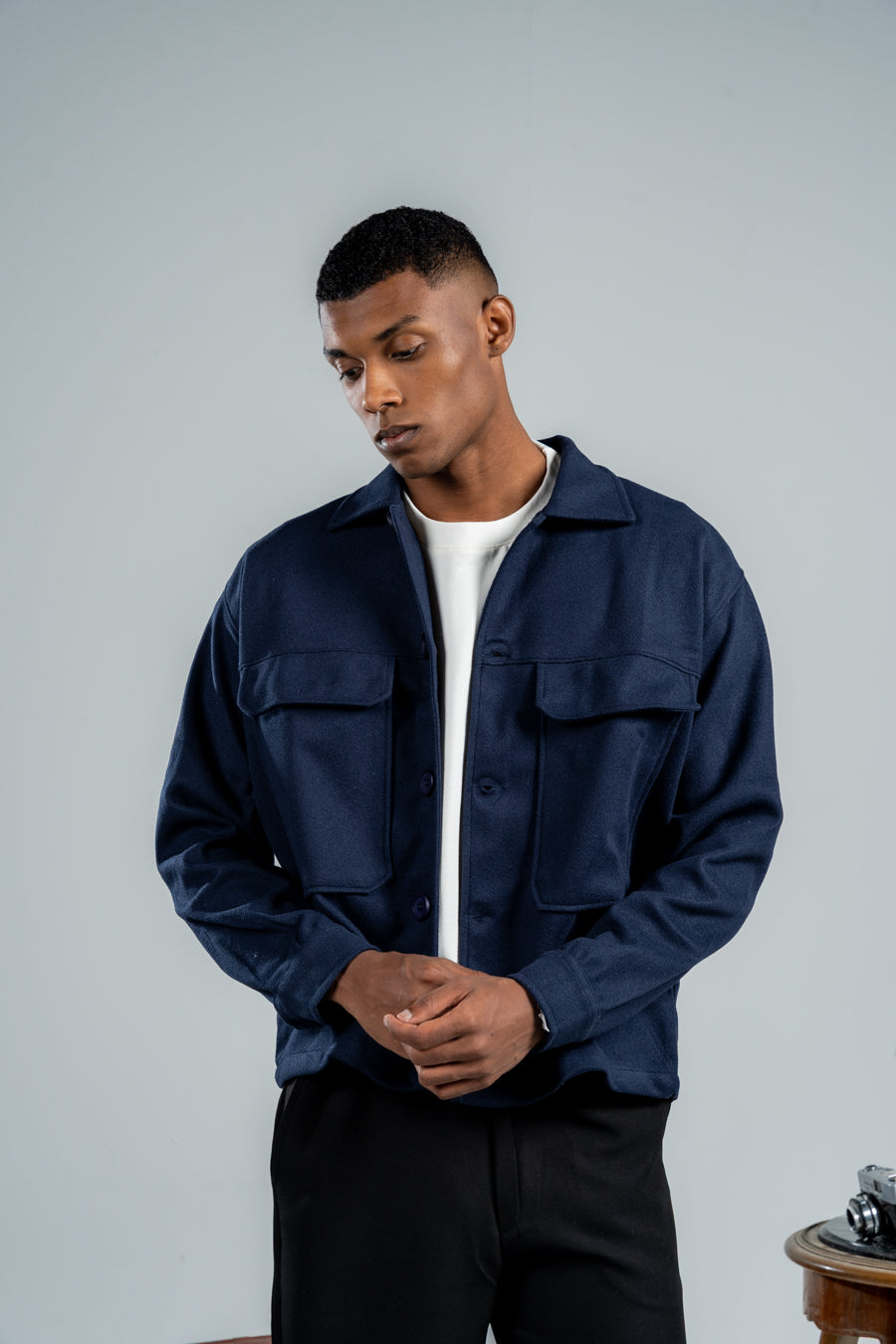MEN NAVY BLUE WOOL SHORT COAT