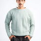 Man wearing a light green sweater and black pants on a white background