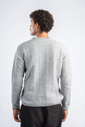 Person wearing a gray sweater on a white background
