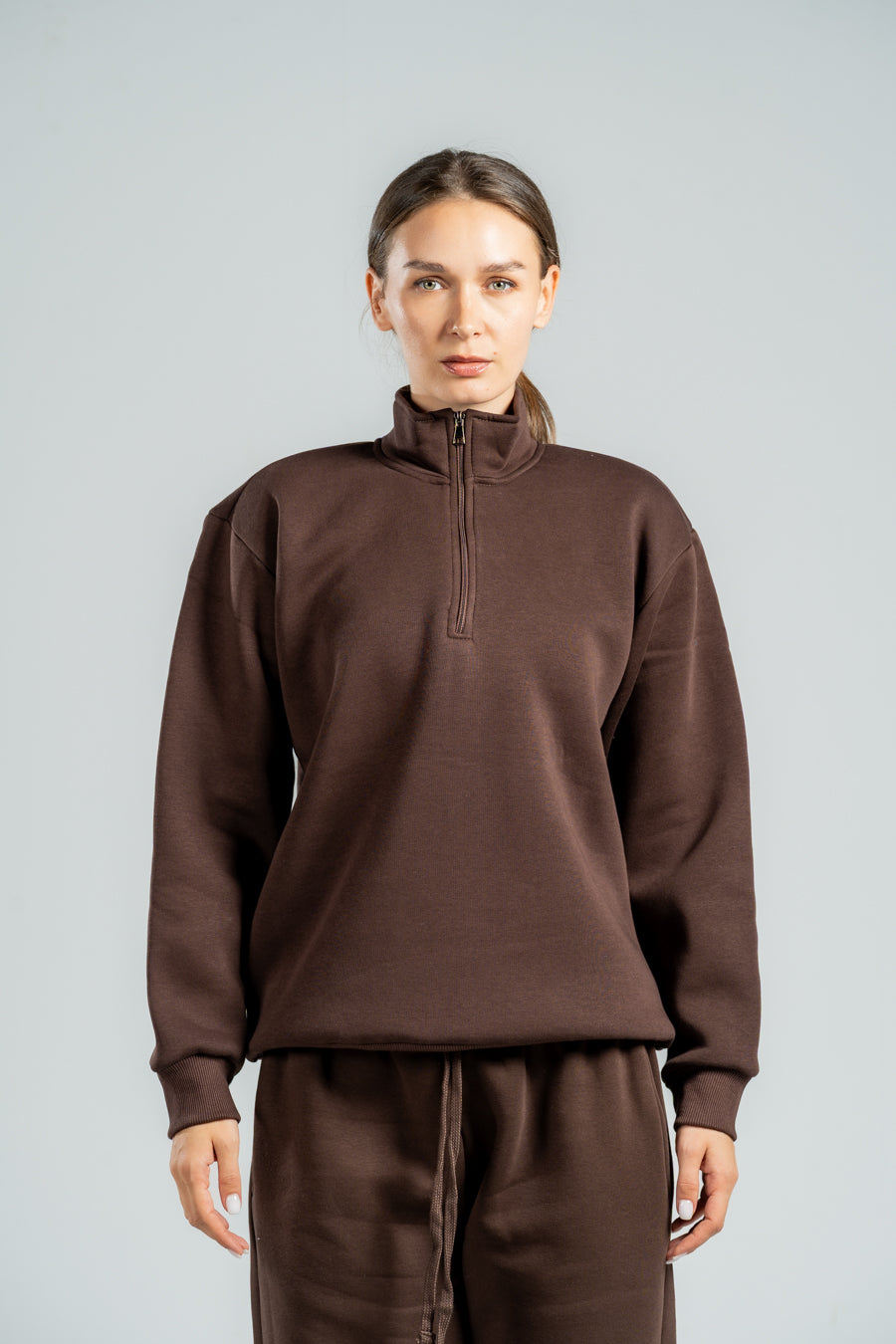 QUARTER-ZIP DARK BROWN SWEATSHIRT