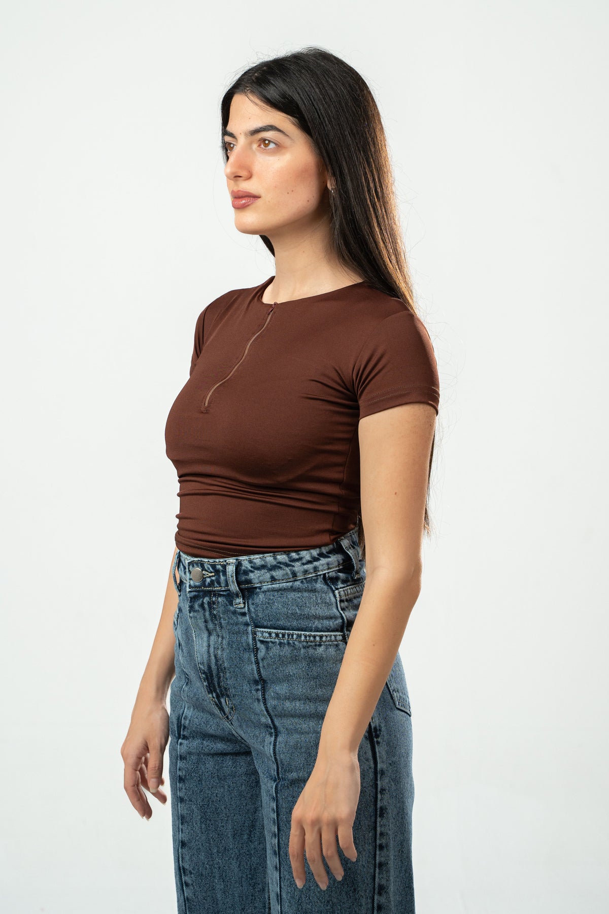 DARK BROWN HALF ZIPPER TOP