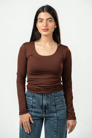DARK BROWN LONG SLEEVES WIDE NECK TOP