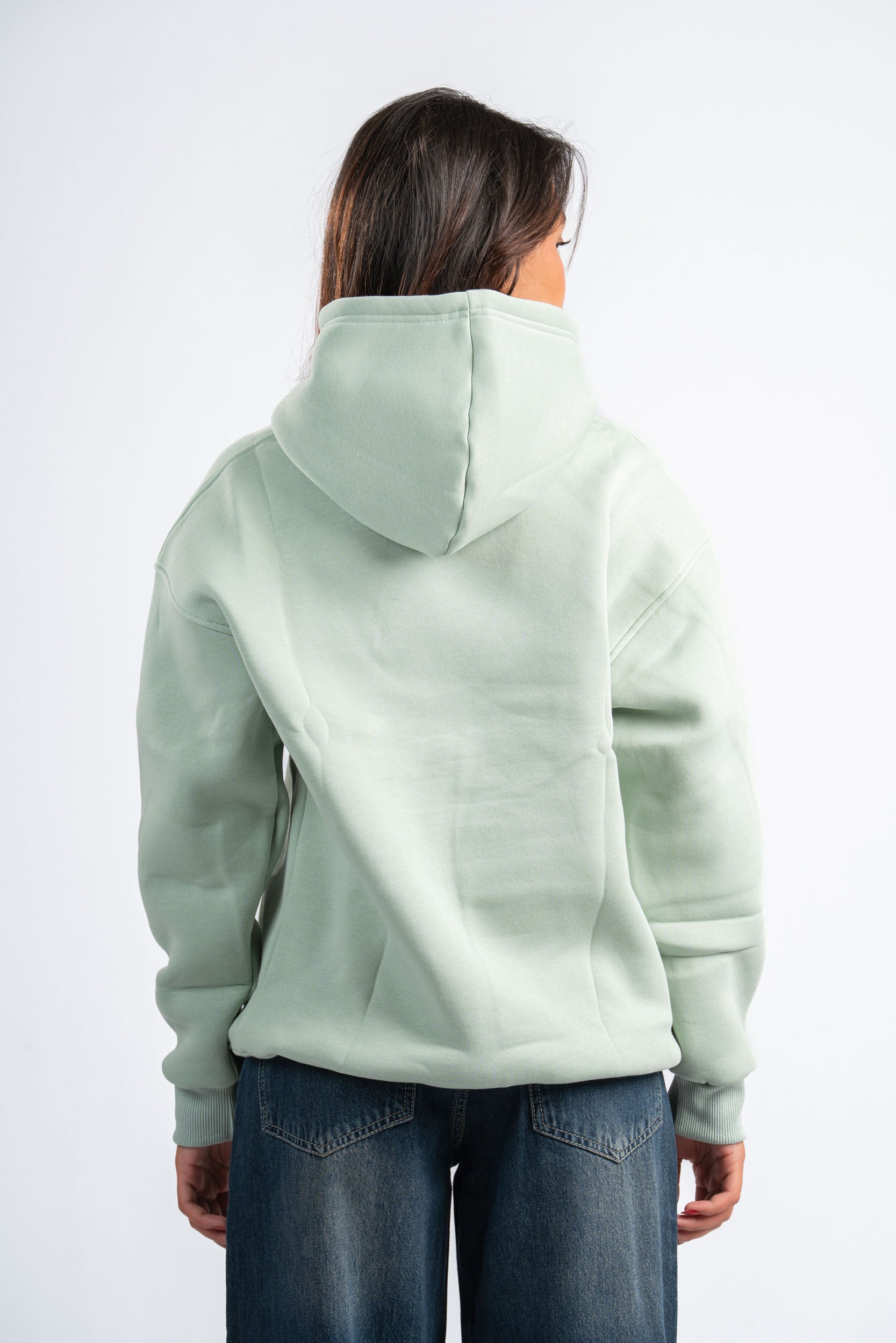 Person wearing a light green hoodie from behind on a white background