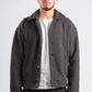 Man wearing a gray fleece jacket over a white shirt on a white background