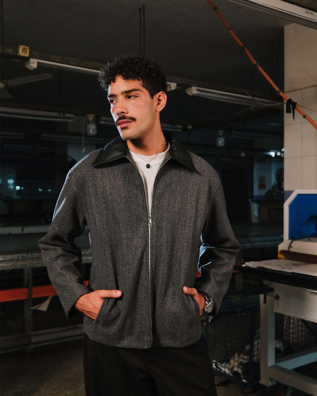 AFTERHOUR DARK GREY JACKET WITH LEATHER COLLAR