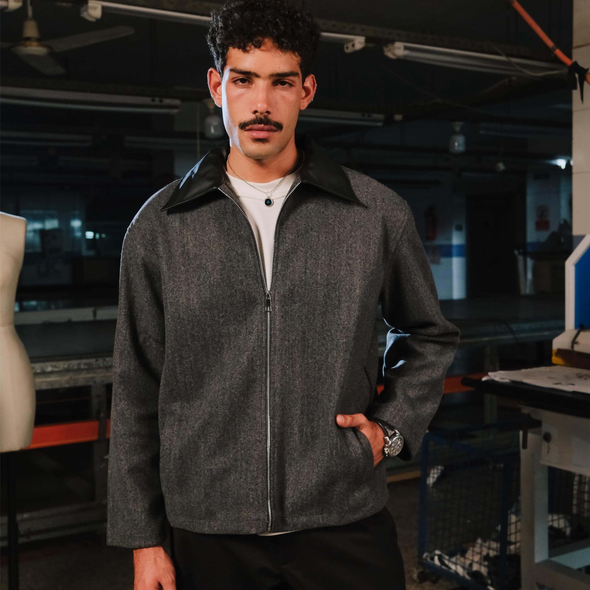 AFTERHOUR DARK GREY JACKET WITH LEATHER COLLAR