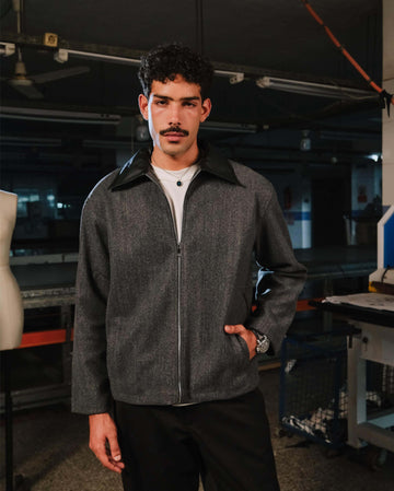 AFTERHOUR DARK GREY JACKET WITH LEATHER COLLAR