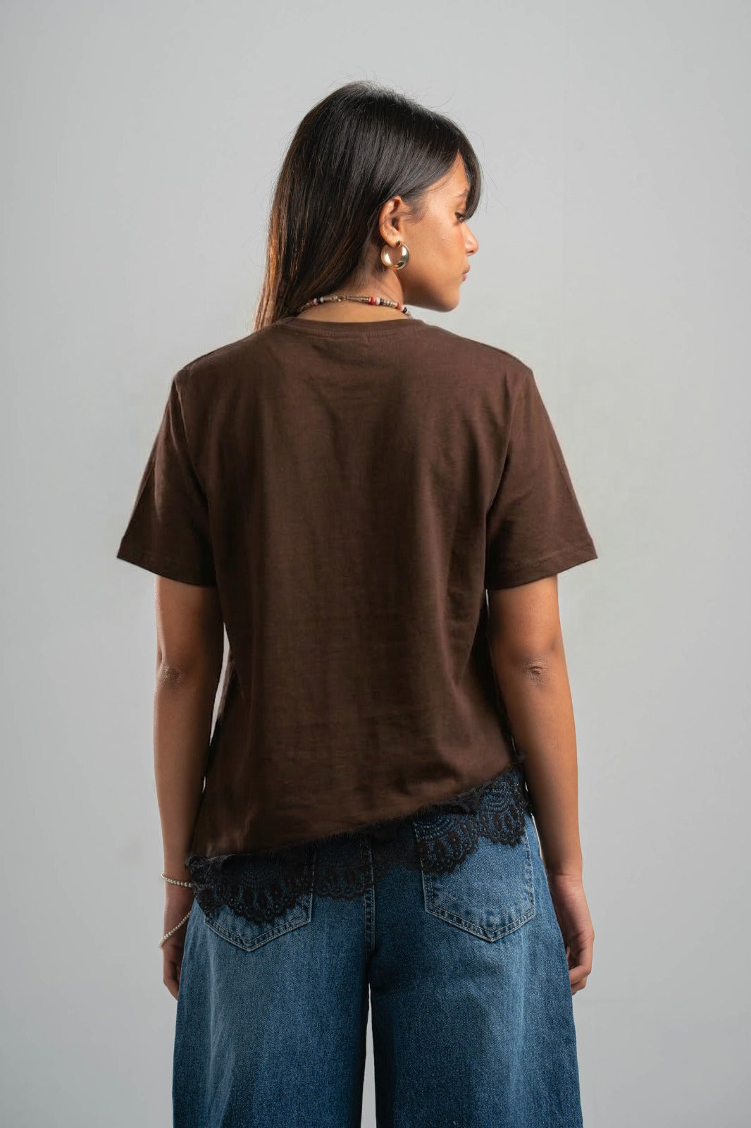 BROWN ASYMMETRIC TOP WITH BLACK LACE