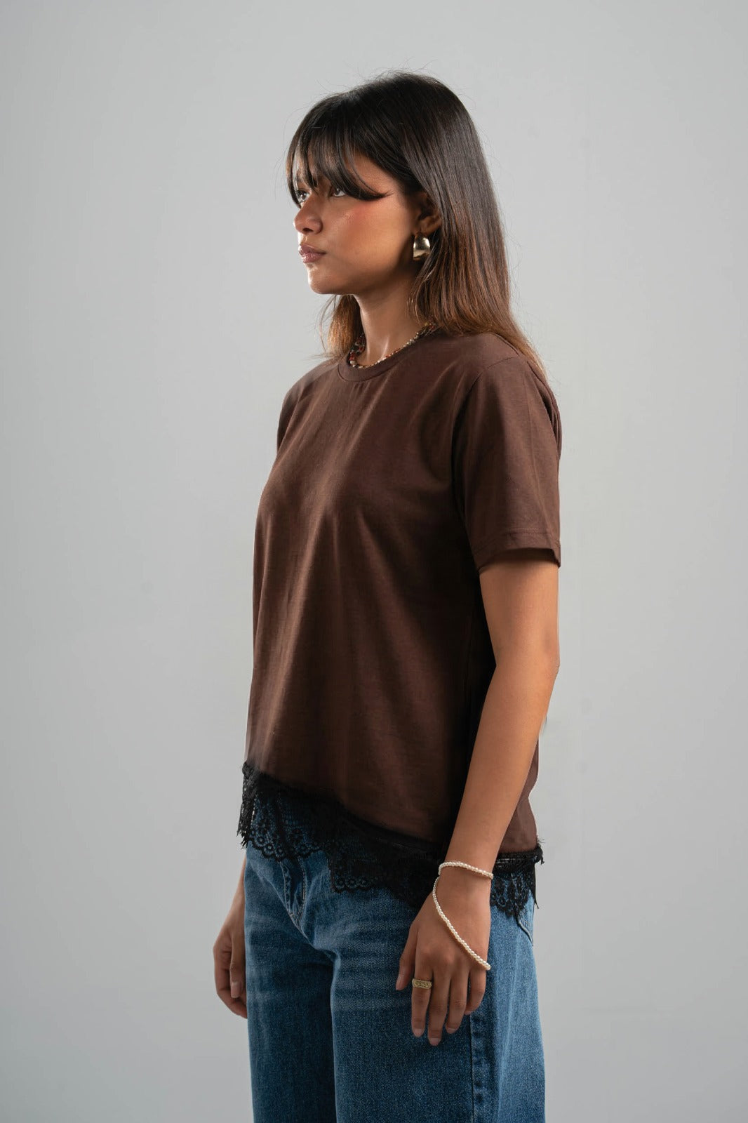 BROWN ASYMMETRIC TOP WITH BLACK LACE