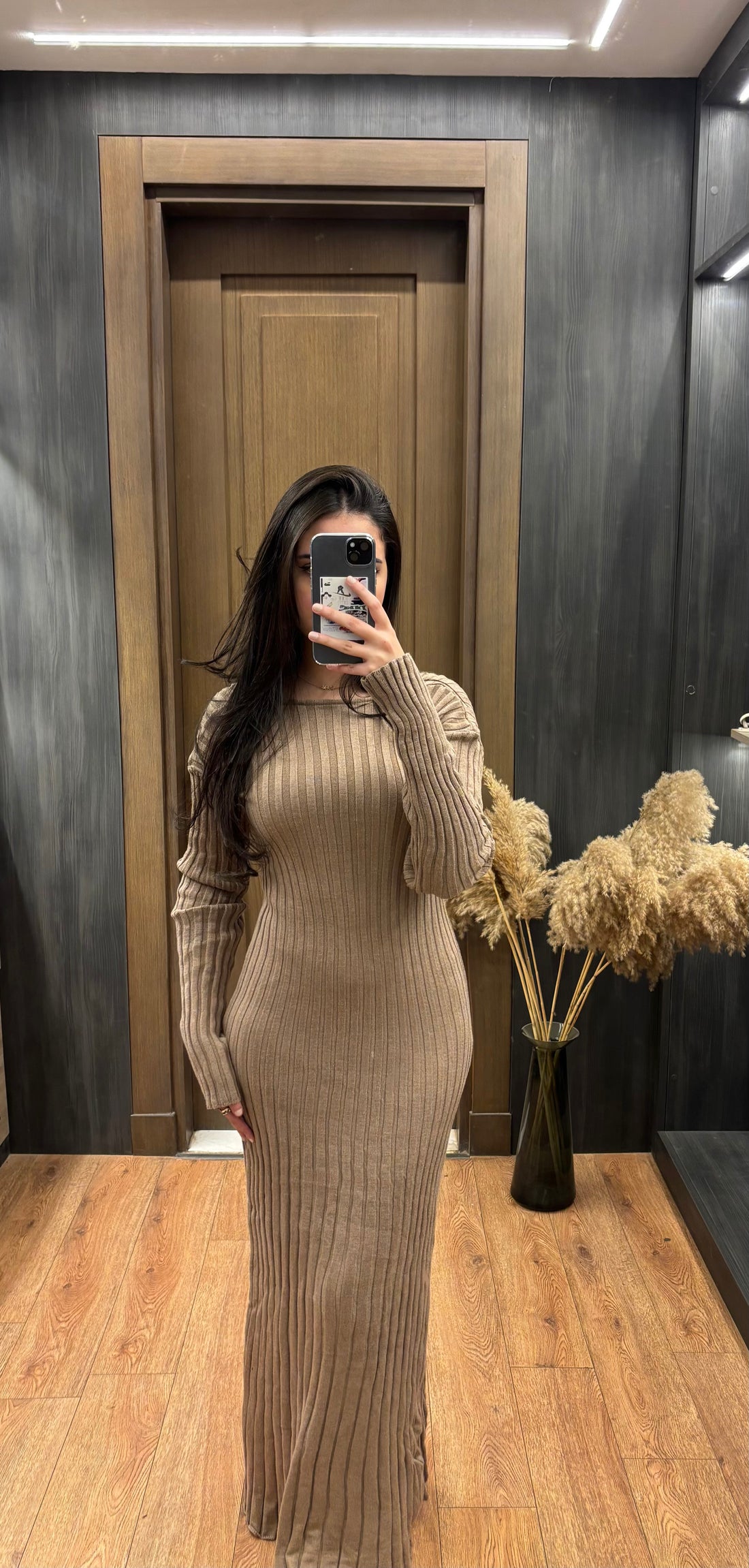 BEIGE RIBBED LONG DRESS