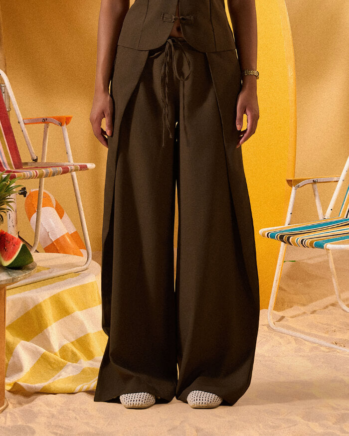 DARK BROWN WRAP-FRONT WIDE LEG PANTS