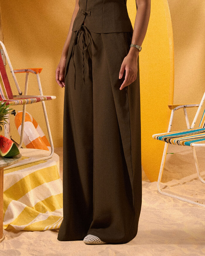 DARK BROWN WRAP-FRONT WIDE LEG PANTS