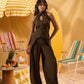 DARK BROWN WRAP-FRONT WIDE LEG PANTS