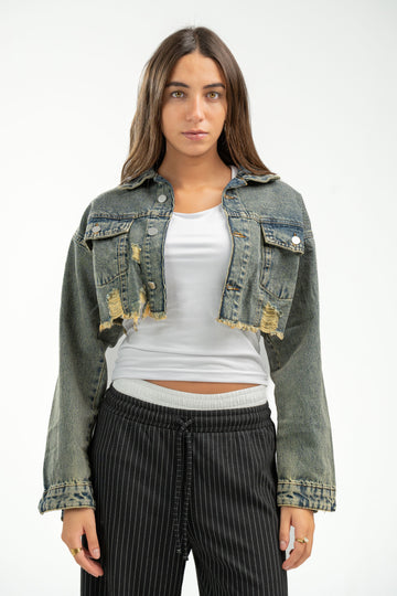 ACID GREEN WASH CROPPED DENIM JACKET