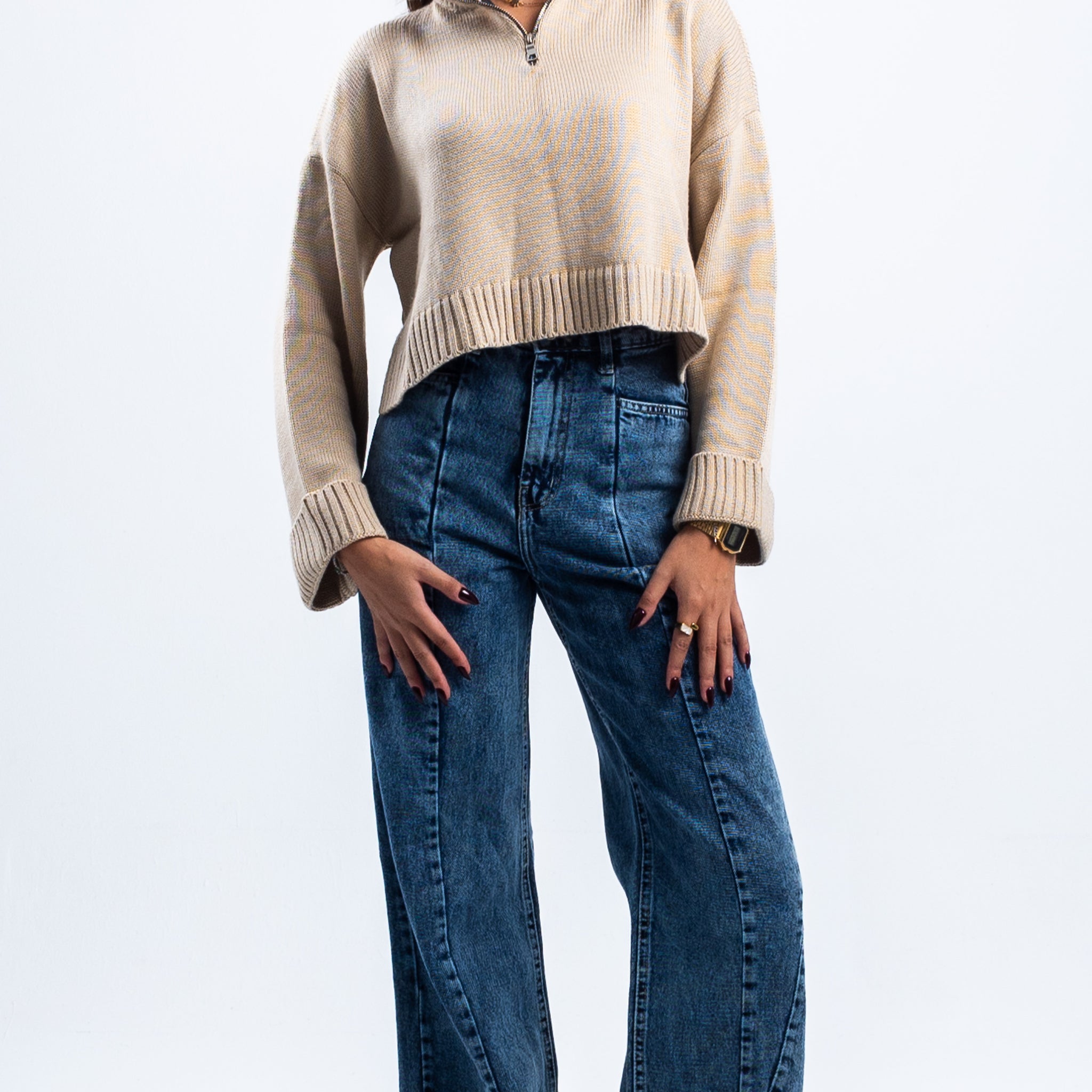 BEIGE CROPPED KNITTED QUARTER ZIP