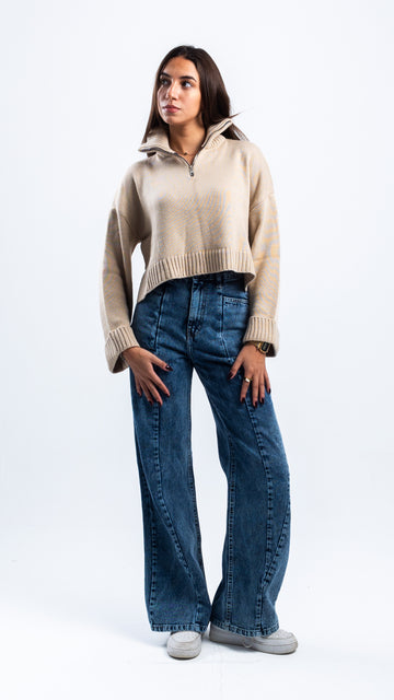 BEIGE CROPPED KNITTED QUARTER ZIP