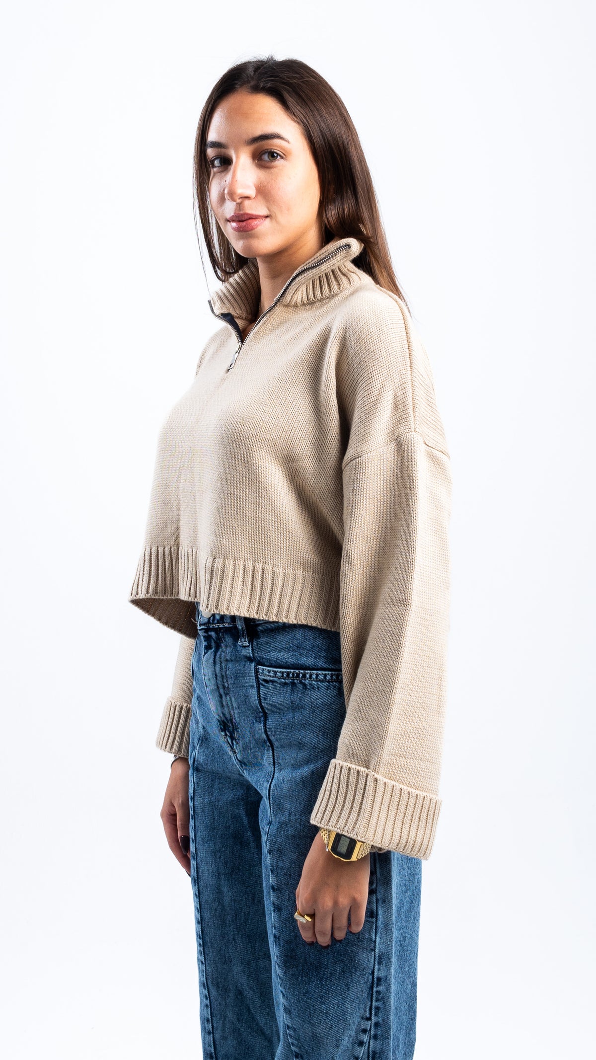 BEIGE CROPPED KNITTED QUARTER ZIP