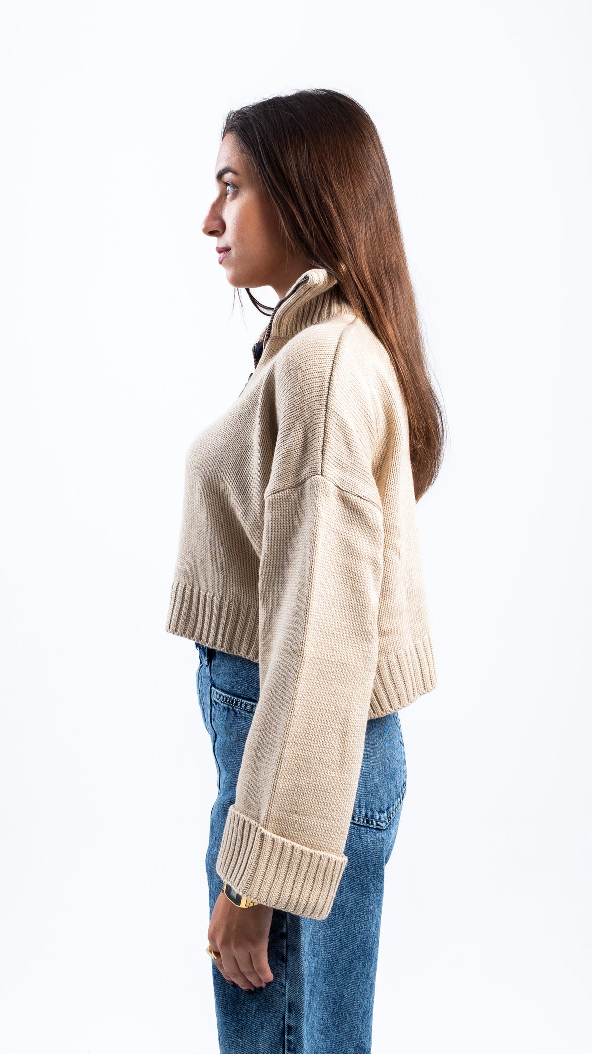 BEIGE CROPPED KNITTED QUARTER ZIP