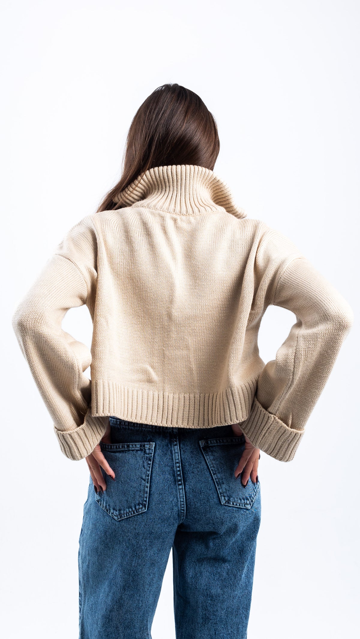BEIGE CROPPED KNITTED QUARTER ZIP