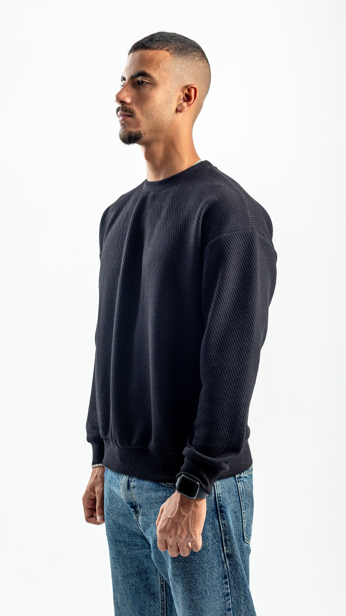 BLACK RIBBED DIAGONAL CREWNECK