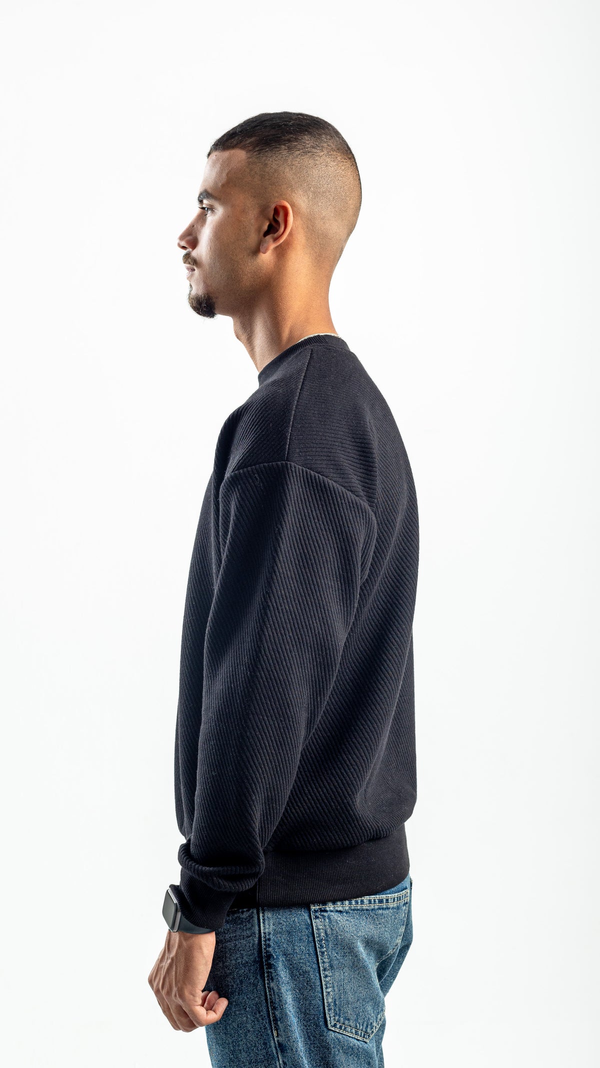 BLACK RIBBED DIAGONAL CREWNECK
