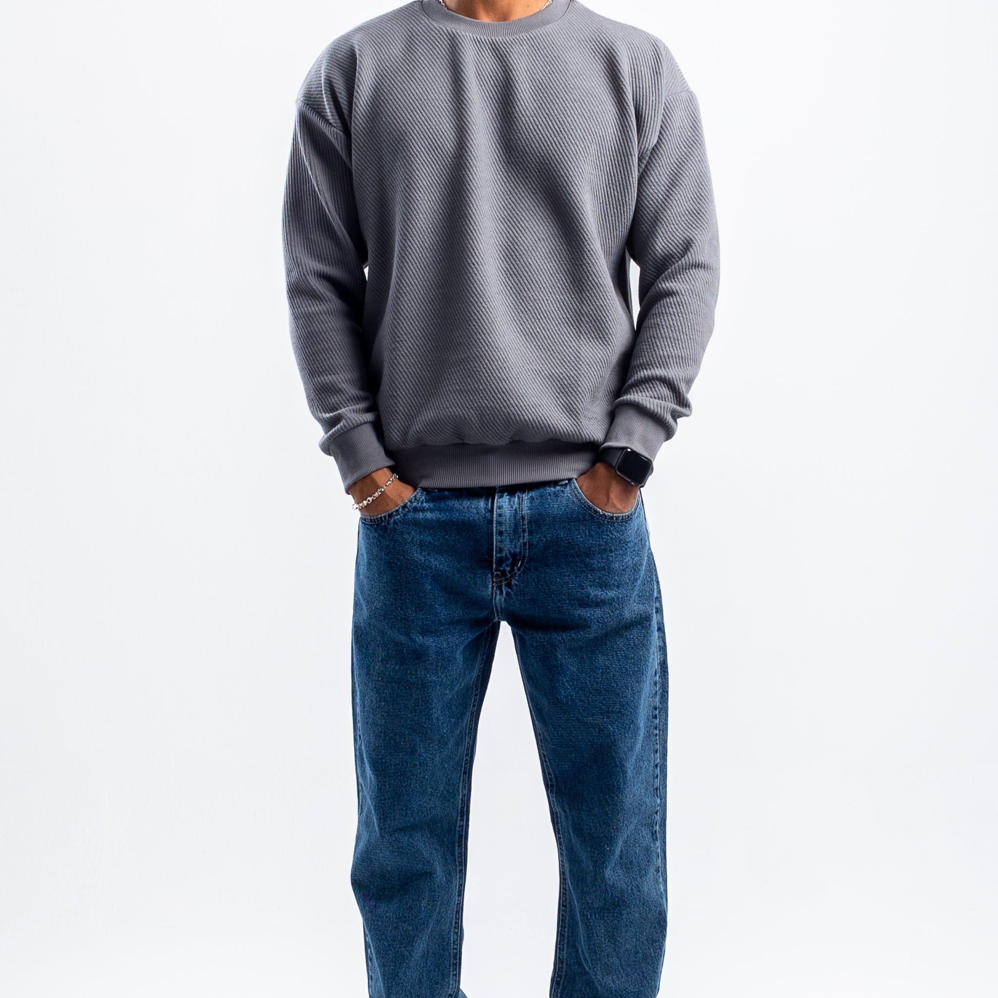 DARK GREY RIBBED DIAGONAL CREWNECK