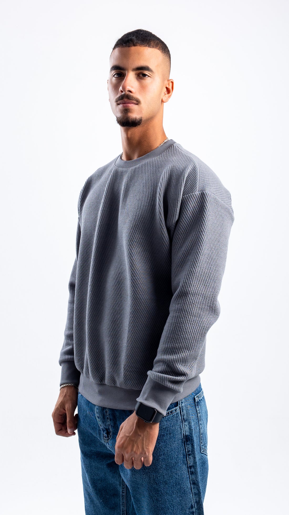 DARK GREY RIBBED DIAGONAL CREWNECK