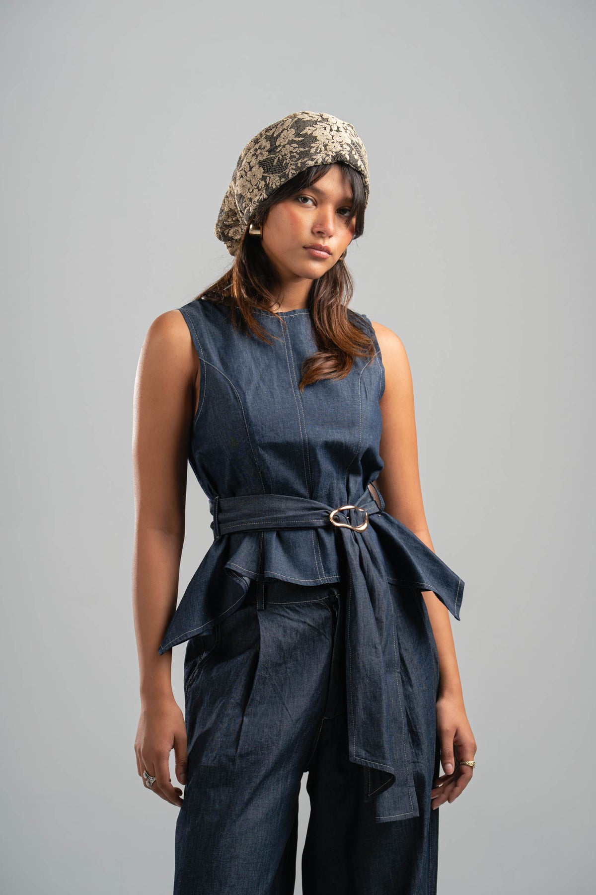BLUE LIGHT WEIGHT DENIM TOP WITH GOLD DETAIL