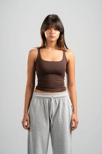 BROWN WIDE NECK TANK TOP