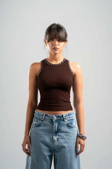 BROWN RIBBED TANK TOP WITH STUDS