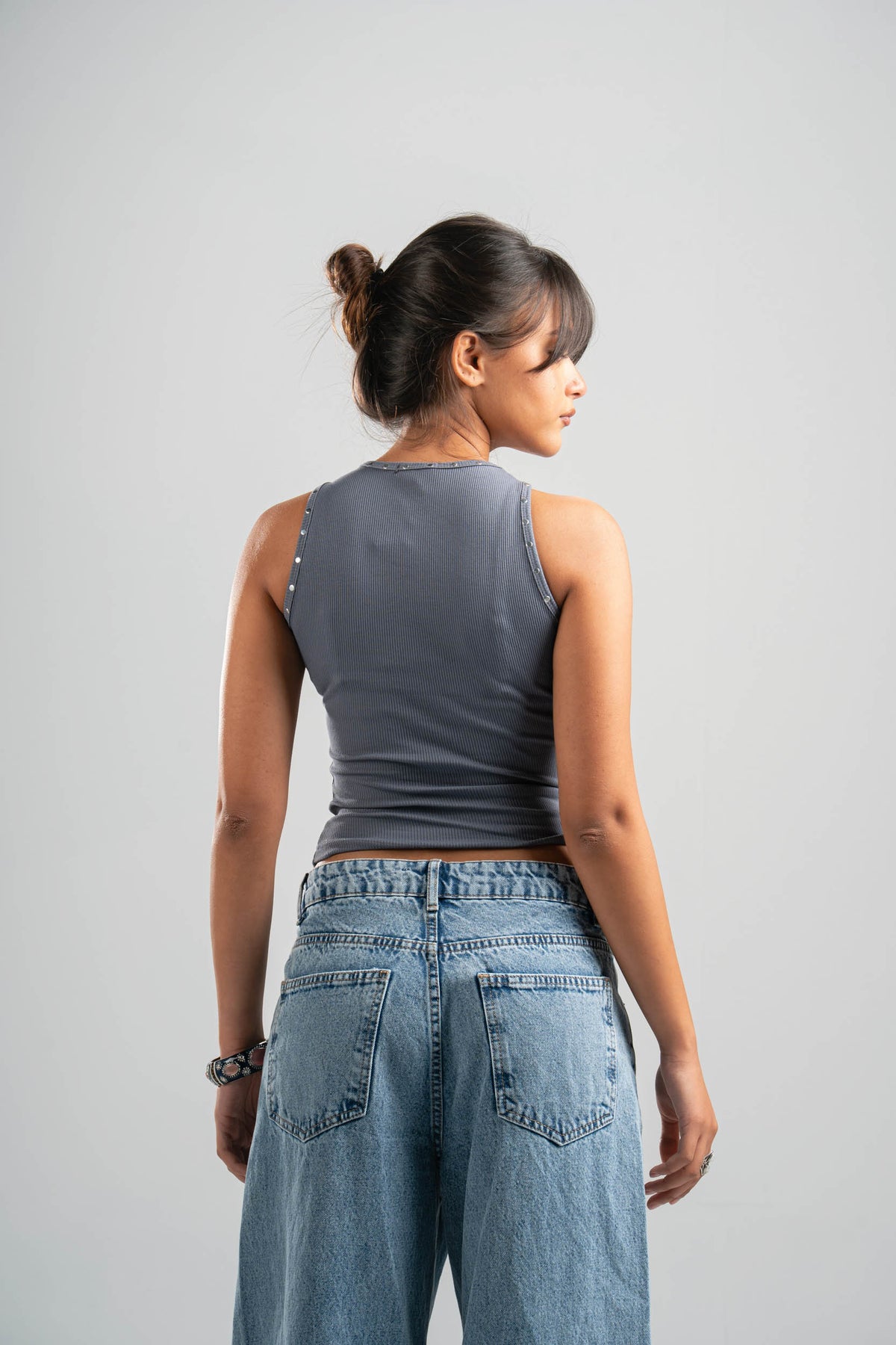 DARK GREY RIBBED TANK TOP WITH STUDS