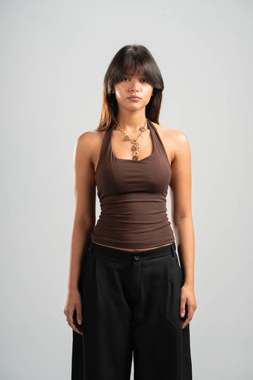 DARK BROWN HALTER NECK BASIC TOP