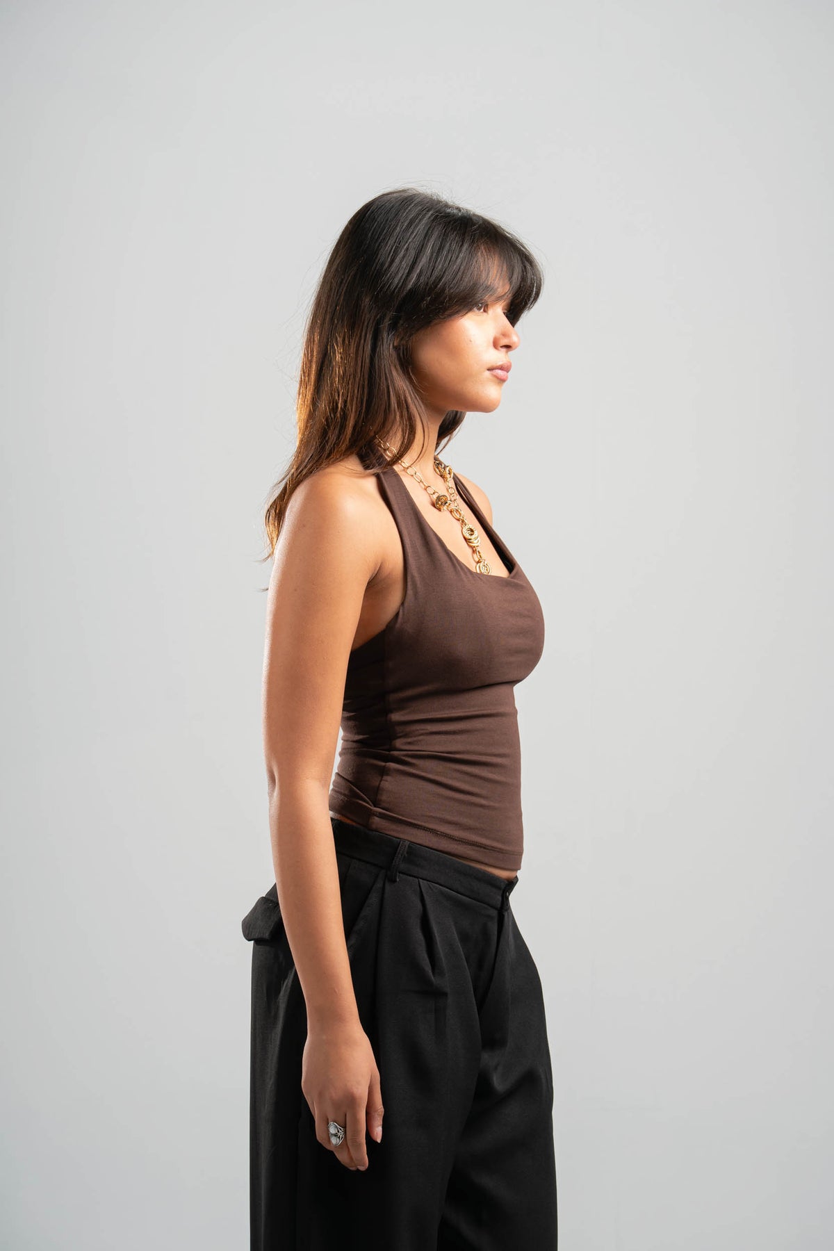DARK BROWN HALTER NECK BASIC TOP