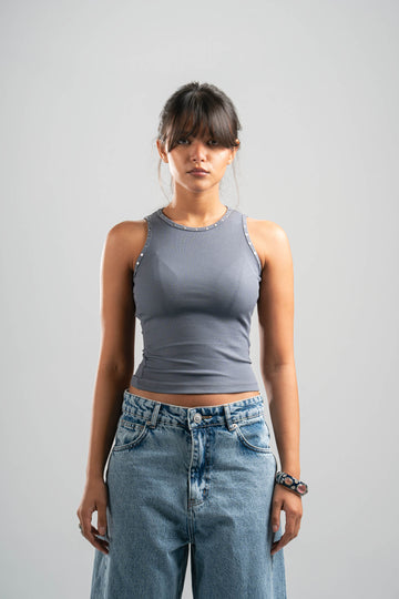 DARK GREY RIBBED TANK TOP WITH STUDS