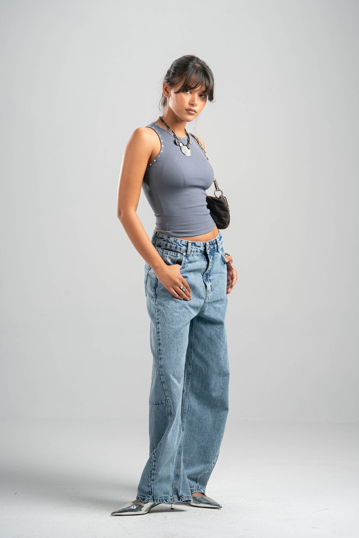 DARK GREY RIBBED TANK TOP WITH STUDS