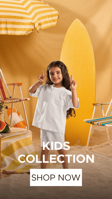Young girl in a white outfit standing in front of a yellow surfboard with 'Kids Collection' text and 'Shop Now' button.