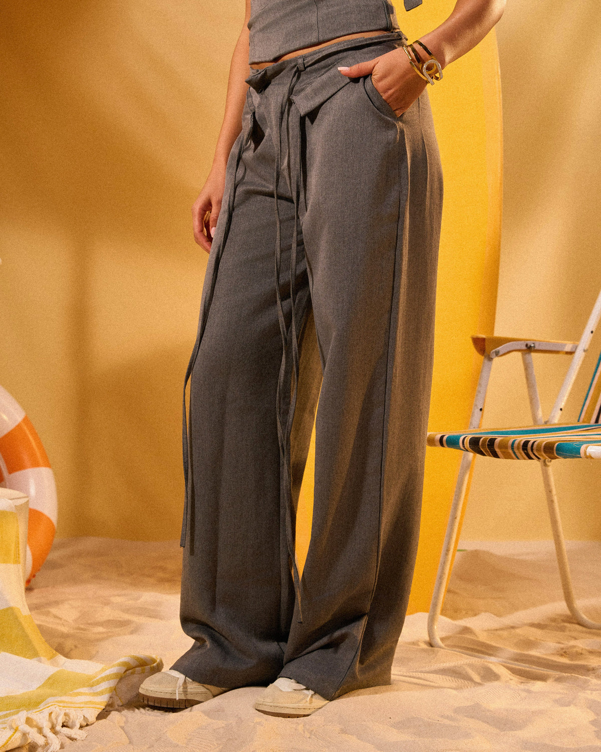GREY WOMEN'S RIBBON TIE FORMAL PANTS