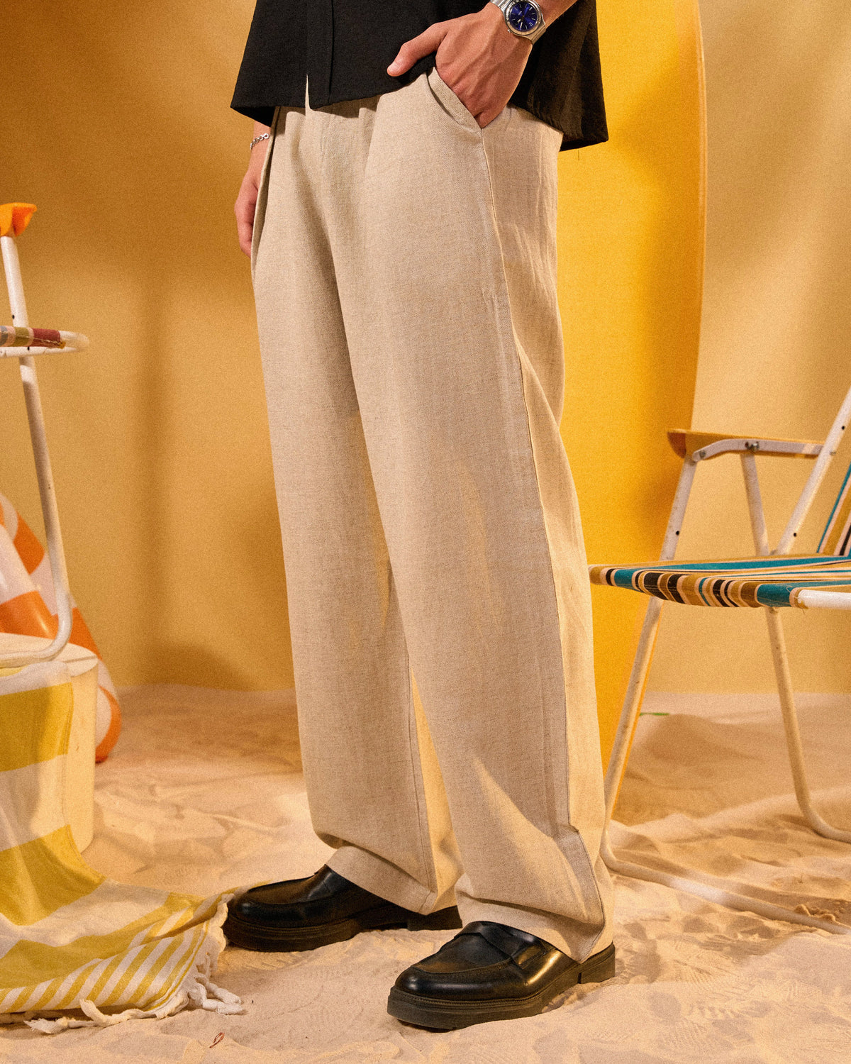 BEIGE PLEATED LINEN PANTS