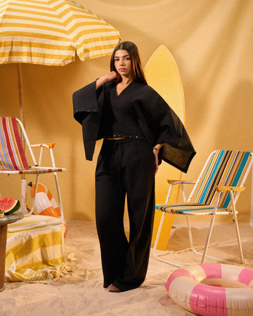 BLACK WOMEN'S STUDDED LINEN PONCHO