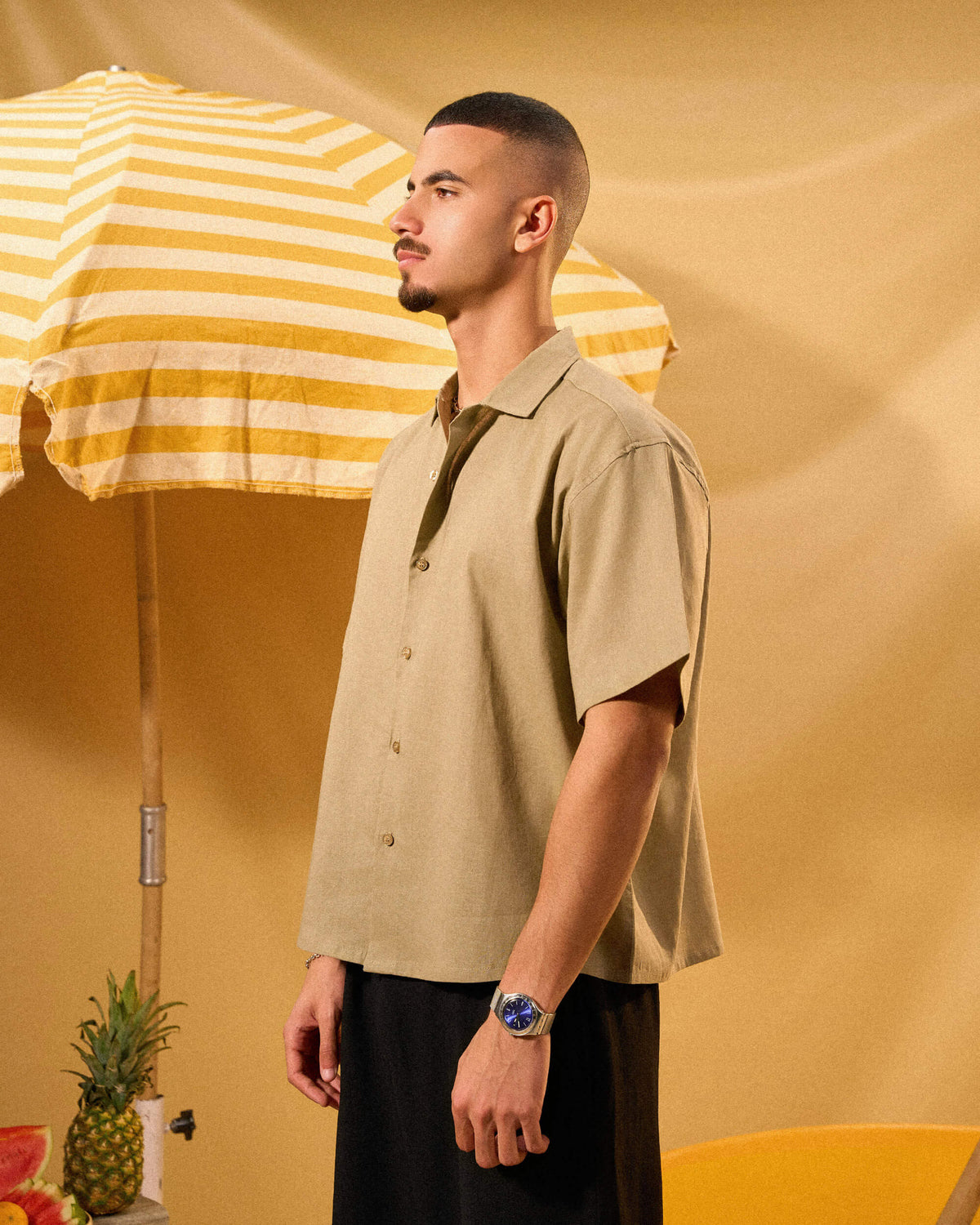 DARK BEIGE SHORT SLEEVE LINEN SHIRT